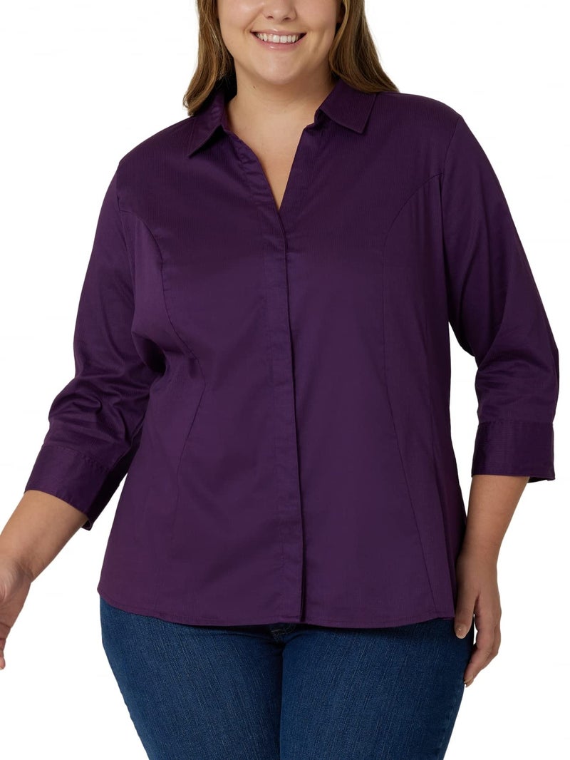 Riders by Lee Indigo Women's Plus Size Easy Care Â¾ Sleeve Woven Shirt Shirt, Purple Pennant, 1X